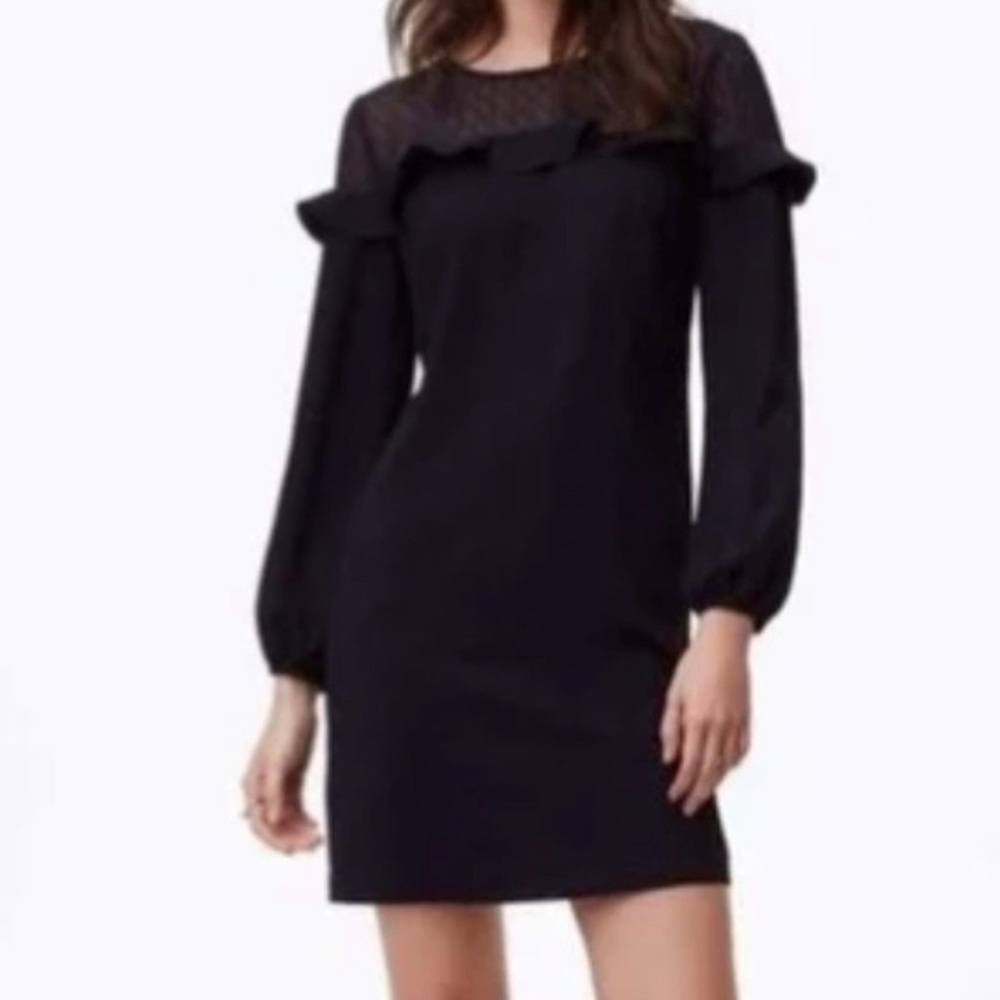 NWT-LOFT Black Long Sleeve Ruffle Dress w/Polka Dot Mesh